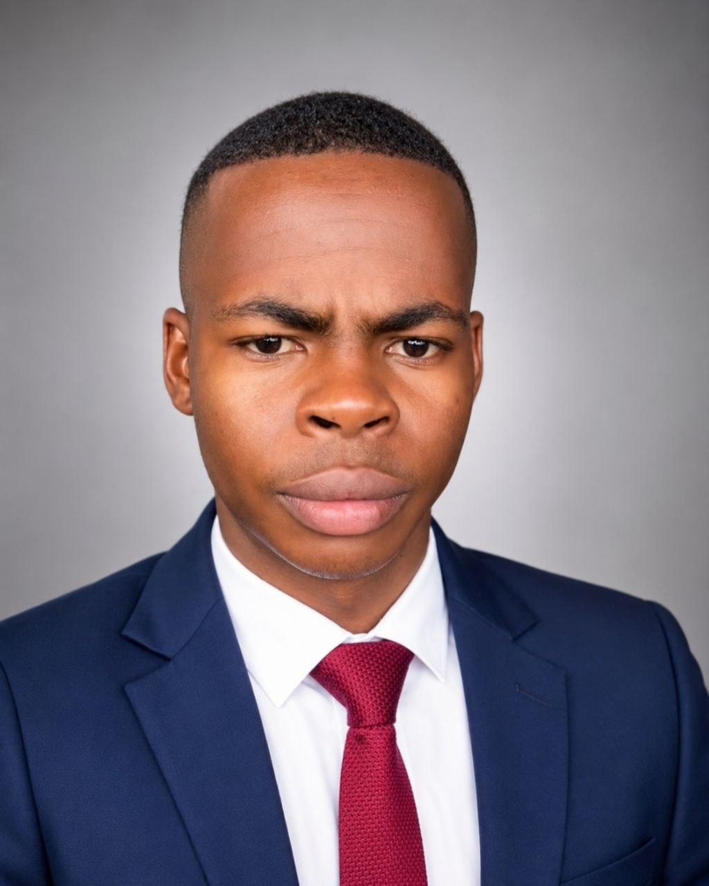 Karabo Elton Mathole in a navy suit and red tie